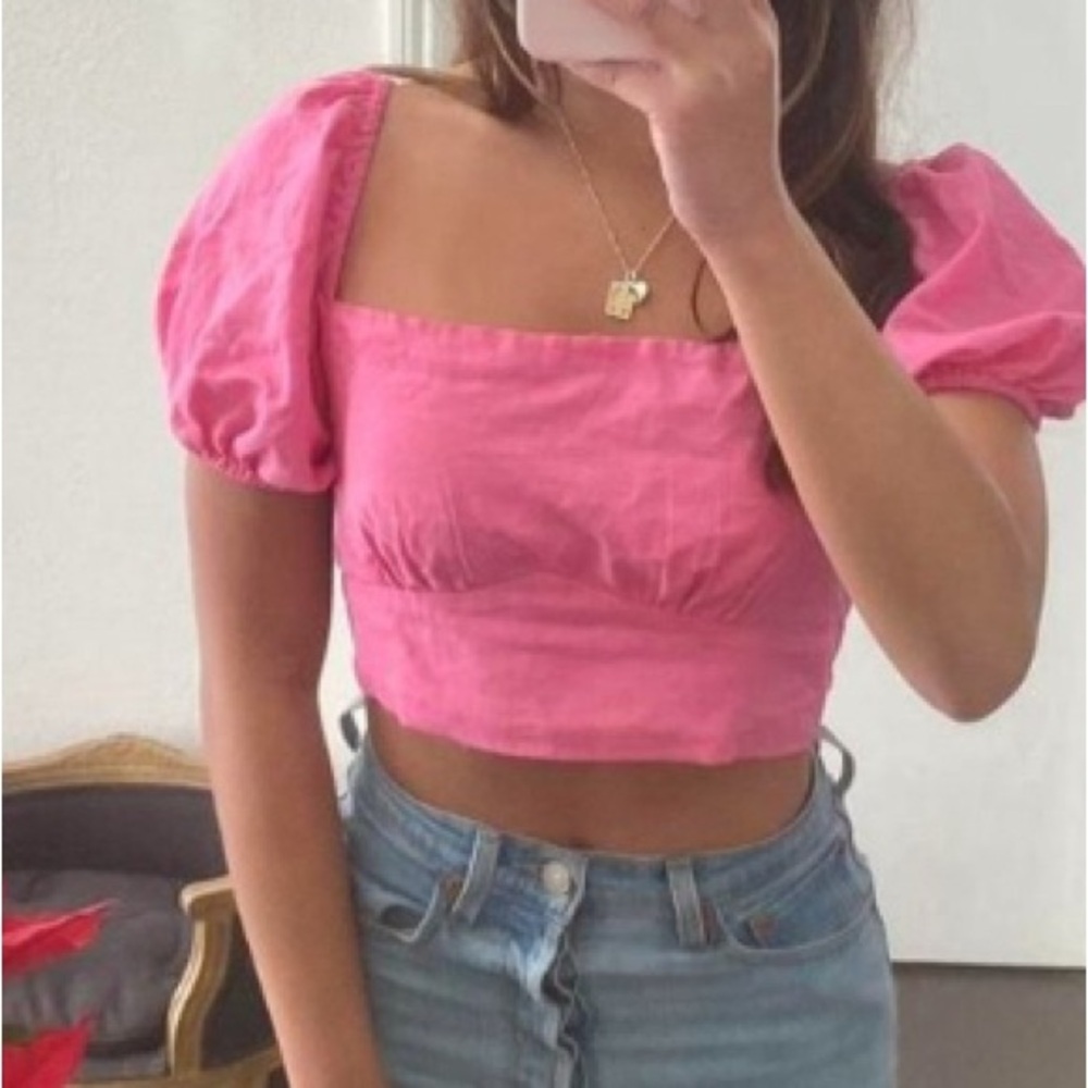 Princess Polly Pink Crop Linen Blend  Blouse with Puff Sleeves